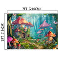 Illustration of a whimsical forest scene with large, colorful mushrooms acting as houses, set against an ideasbackdrop Fairy Garden Woodland Mushroom Flower Backdrop. The dimensions are 7 feet (210 cm) wide and 5 feet (150 cm) tall. Perfect for memorable occasions, this floral landscape is sure to enchant everyone.