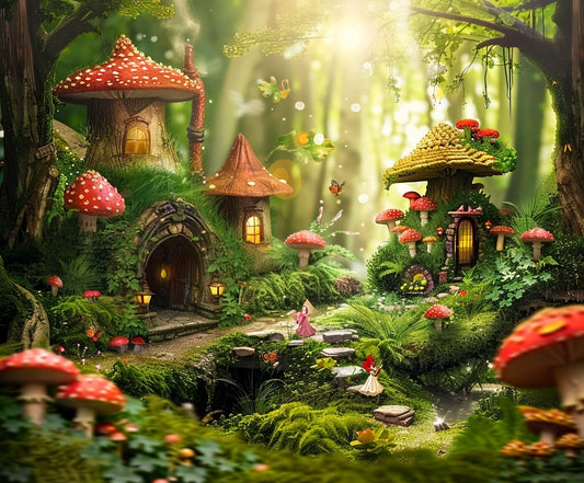 A whimsical forest scene with mushroom-shaped houses, tiny bridges, and fairies. Sunlight filters through the trees, illuminating the lush greenery and vibrant mushrooms—ideal for home decor or creating an enchanting HD forest backdrop for your photography with the Fairytale Mushroom Portrait Forest Backdrop-ideasbackdrop by ideasbackdrop.