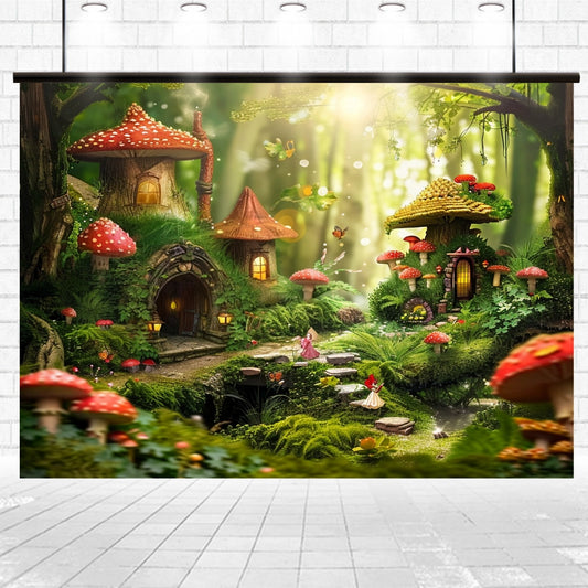 A whimsical forest scene featuring mushroom-shaped houses, vibrant greenery, and small fairies in a sunlit, magical setting perfect for home decor. The Fairytale Mushroom Portrait Forest Backdrop by ideasbackdrop captures every enchanting detail with photography that brings this fairy tale world to life.