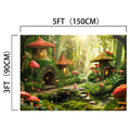 An illustration of a whimsical forest scene with mushroom-shaped houses, glowing lanterns, and a small stream. Dimensions labeled as 5 feet (150 cm) wide and 3 feet (90 cm) tall. Perfect for home decor or as an HD forest backdrop for photography sessions. Introducing the Fairytale Mushroom Portrait Forest Backdrop-ideasbackdrop by ideasbackdrop.