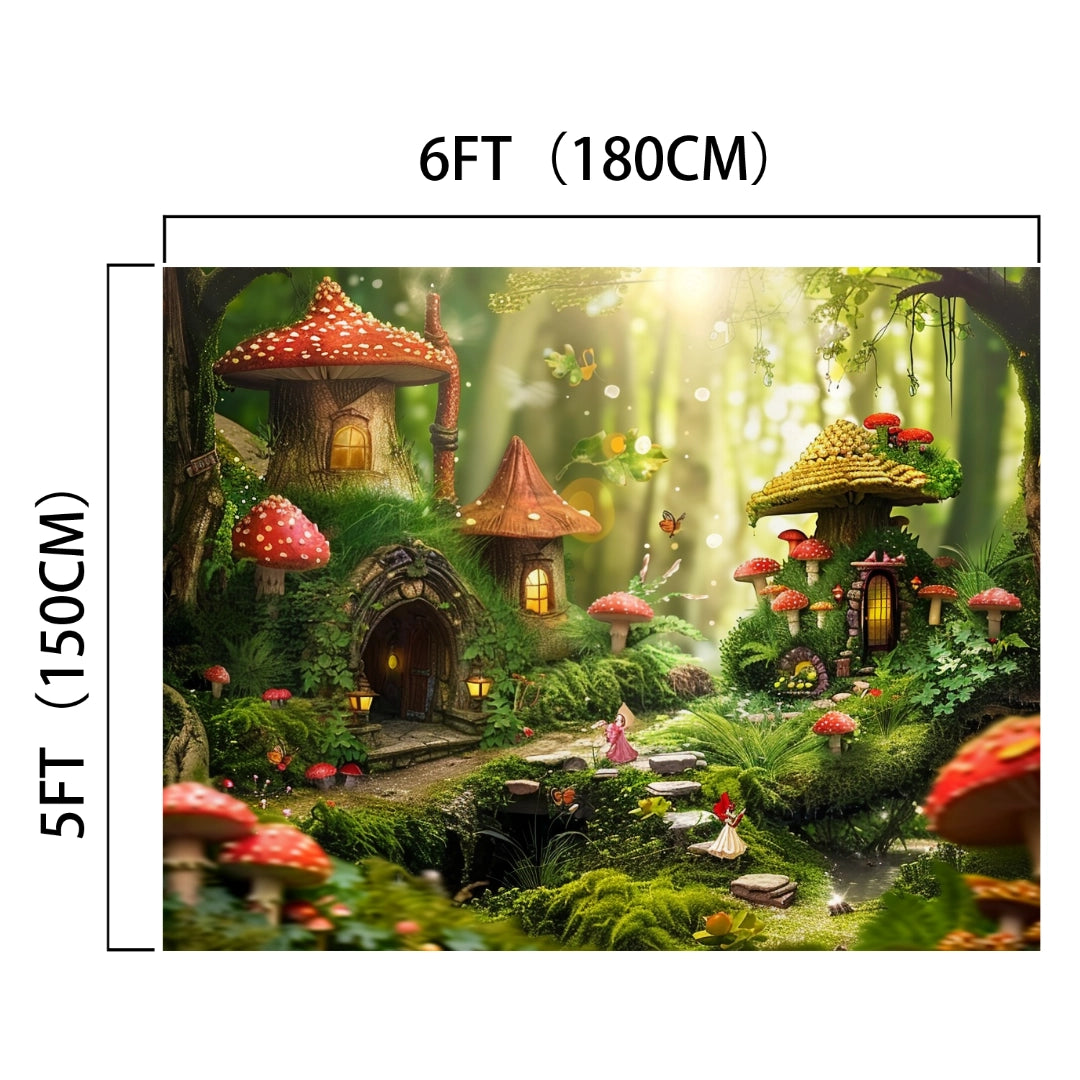 A 6ft by 5ft (180cm by 150cm) Fairytale Mushroom Portrait Forest Backdrop-ideasbackdrop featuring a whimsical scene with mushroom houses, greenery, and small figurines—perfect for both home decor and photography by ideasbackdrop.