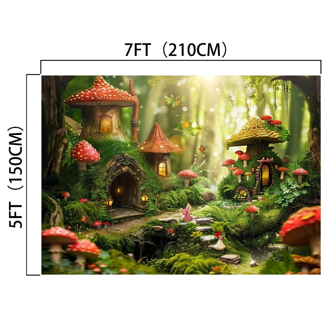A whimsical fairy tale scene features small mushroom houses in an HD forest backdrop with a winding path, mushrooms, and glowing lights. Perfect for photography or home decor, the **Fairytale Mushroom Portrait Forest Backdrop-ideasbackdrop** by **ideasbackdrop** has image dimensions of 7ft by 5ft (210cm by 150cm).