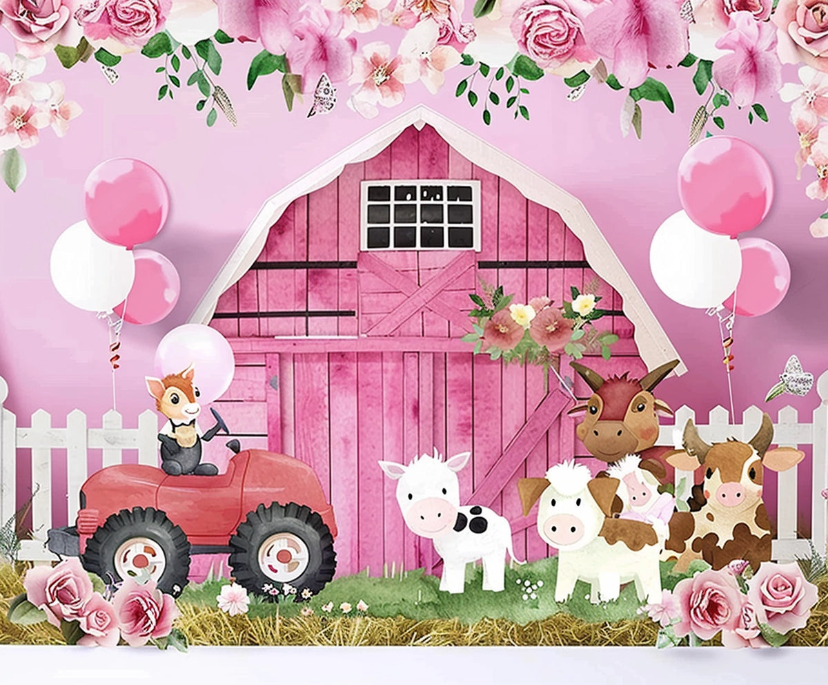 A countryside barn-themed backdrop with a pink barn, farm animals (cow, pig, goat), pink and white balloons, flowers, and a red tractor effortlessly captures rustic charm. The Farm Animal Baby Shower Birthday Barn Backdrop-ideasbackdrop by ideasbackdrop adds an extra touch of vibrant detail to this picturesque setting.