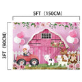 Illustration of a barn scene measuring 5 feet by 3 feet. It features a pink barn, a red tractor, farm animals, balloons, and floral decorations. This Farm Animal Baby Shower Birthday Barn Backdrop-ideasbackdrop embodies rustic charm, showcasing the essence of a countryside barn in vibrant detail.