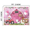 A pink countryside barn backdrop measuring 7 feet by 5 feet, decorated with floral accents, balloons, and cartoon farm animals including a tractor, a dog driving, cows, and a horse. This HD vivid Farm Animal Baby Shower Birthday Barn Backdrop-ideasbackdrop by ideasbackdrop exudes rustic charm perfect for any themed event.
