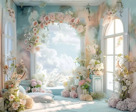 A dreamy room filled with a variety of pastel-colored flowers arranged around large arched windows, allowing natural light to stream in. Perfect for weddings or photo shoots, the decor includes flowers on the walls, floor, and window ledges, creating a Floral Arch Door Window Flower Backdrop - ideasbackdrop by ideasbackdrop.