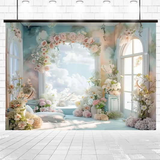 A bright room with large arched windows, filled with an abundance of various white and pink flowers, perfect for weddings or photo shoots, and a soft cloud-filled sky visible outside, creating a Floral Arch Door Window Flower Backdrop - ideasbackdrop that enhances the enchanting atmosphere.