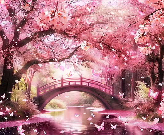 A serene scene featuring a pink cherry blossom tree arching over a calm pond with a small arched bridge in the background. Butterflies and petals are scattered in the air, creating a floral paradise against an ideasbackdrop Floral Cherry Blossom Bridge Flower Backdrop.