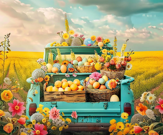 A vintage turquoise truck is parked in a vibrant field of yellow flowers, with its bed loaded with HD floral arrangements and baskets of assorted eggs under a partly cloudy sky, creating the perfect wedding decor and flower backdrop: the Floral Forest Truck Food Photography Backdrop-ideasbackdrop by ideasbackdrop.