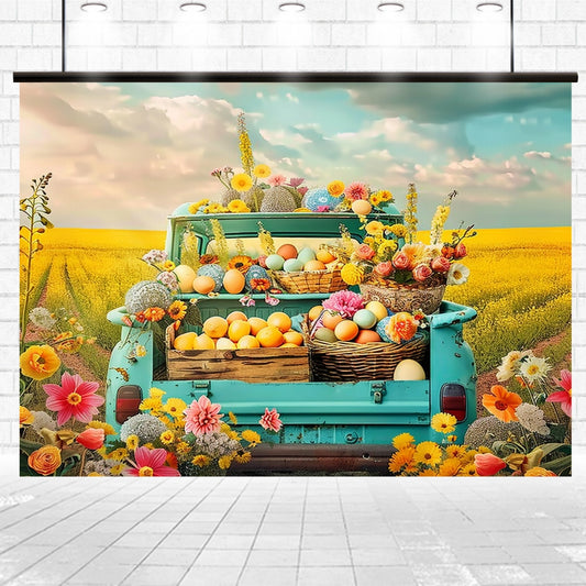 A Floral Forest Truck Food Photography Backdrop-ideasbackdrop by ideasbackdrop featuring a blue vintage truck filled with baskets of colorful flowers and eggs is parked in a brick-paved area against a stunning flower backdrop, perfect for weddings, with a yellow flower field and cloudy sky in the distance.