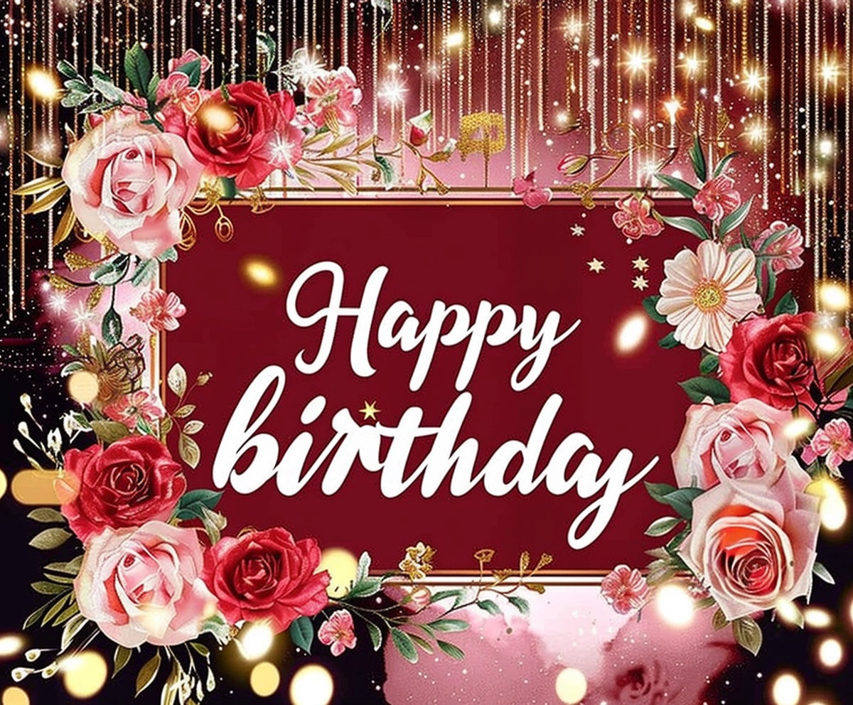 A "Happy Birthday" message is centered in a red frame decorated with pink and red roses, gold sparkles, and lights, perfect for a birthday party celebration backdrop: Floral Glitter Lights Happy Birthday Backdrop-ideasbackdrop by ideasbackdrop.