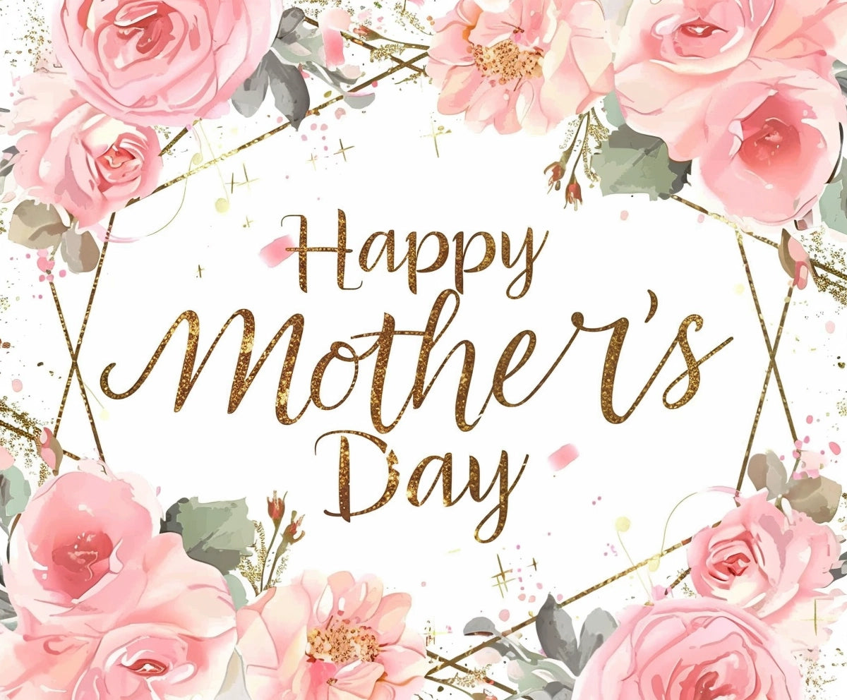 Floral Gold Dots Happy Mother's Day Backdrop-ideasbackdrop with pink roses and gold geometric lines, featuring the message "Happy Mother's Day" in elegant gold script—ideal for creating memorable photo ops by ideasbackdrop.
