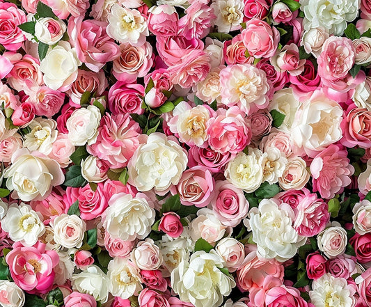 A dense arrangement of pink and white roses and peonies fills the entire frame, creating a vivid Floral Newborn Bridal Flower Backdrop -ideasbackdrop perfect for indoor and outdoor events.