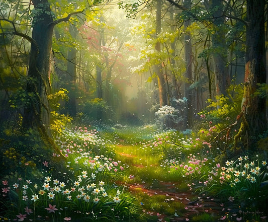 A **Floral Photography Background Forest Backdrop-ideasbackdrop** from **ideasbackdrop** with sunlight filtering through trees, illuminating a path lined with grass and various flowers including white and pink blossoms creates striking nature imagery.