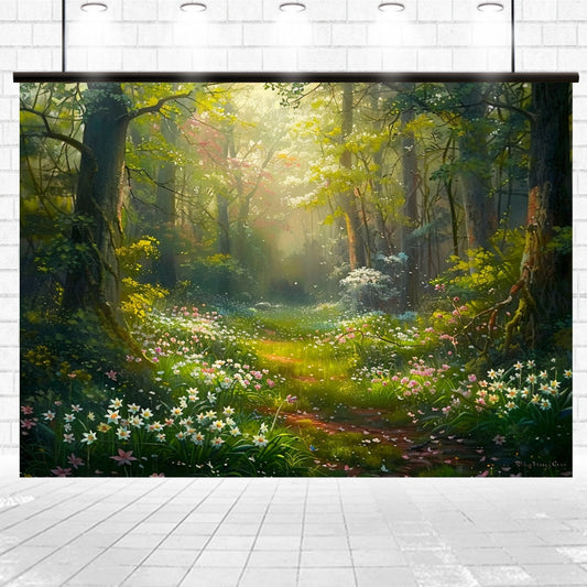 A serene forest scene with sunlight filtering through trees onto a flower-filled path, displayed as an HD forest backdrop against a white brick wall, featuring the Floral Photography Background Forest Backdrop-ideasbackdrop by ideasbackdrop.