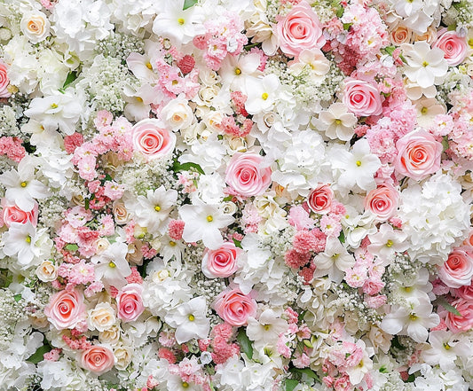 A dense arrangement of life-like pink and white flowers, including roses, hydrangeas, and various other blossoms, perfect for weddings can be achieved with the Pink White Rose Wall Flower Backdrop for Party - ideasbackdrop by ideasbackdrop.