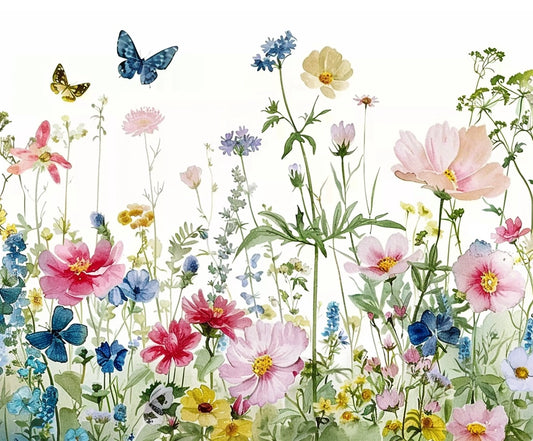 A vibrant watercolor painting depicts various wildflowers and butterflies in a meadow, showcasing a mix of colors including pink, yellow, blue, and white. This artwork captures the essence of floral elegance with its premium quality material from the Floral Plants Background Party Photo Props -ideasbackdrop by ideasbackdrop.