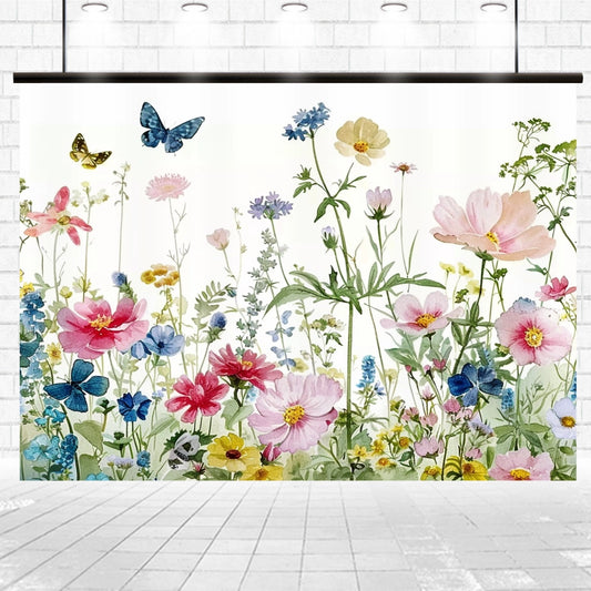 A Floral Plants Background Party Photo Props -ideasbackdrop displays a variety of colorful wildflowers and butterflies against a white background, hung on a white brick wall under small spotlights.