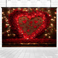 A heart-shaped arrangement of red roses and decorative lights adorns a wooden wall, serving as a durable backdrop, with scattered rose petals on the floor. The Floral Wall Valentine's Day Flower Background -ideasbackdrop by ideasbackdrop completes the romantic scene perfectly.