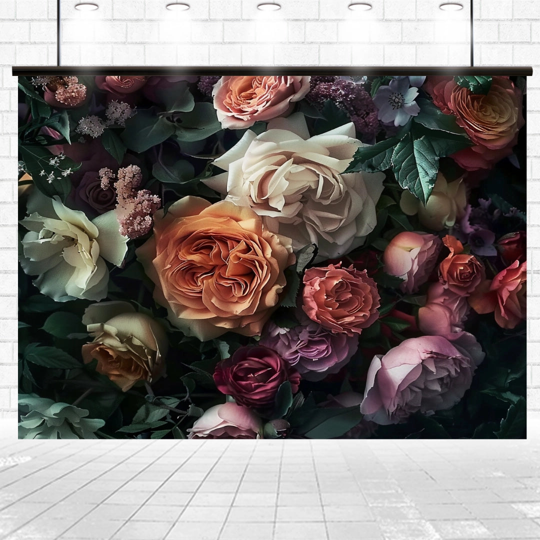 A close-up image of variously colored roses and other flowers against a black backdrop, illuminated by multiple ceiling lights, captures the essence of botanical elegance. The high-definition flowers create a Floral Wallpaper Photo Props Background -ideasbackdrop by ideasbackdrop that is both enchanting and mesmerizing.