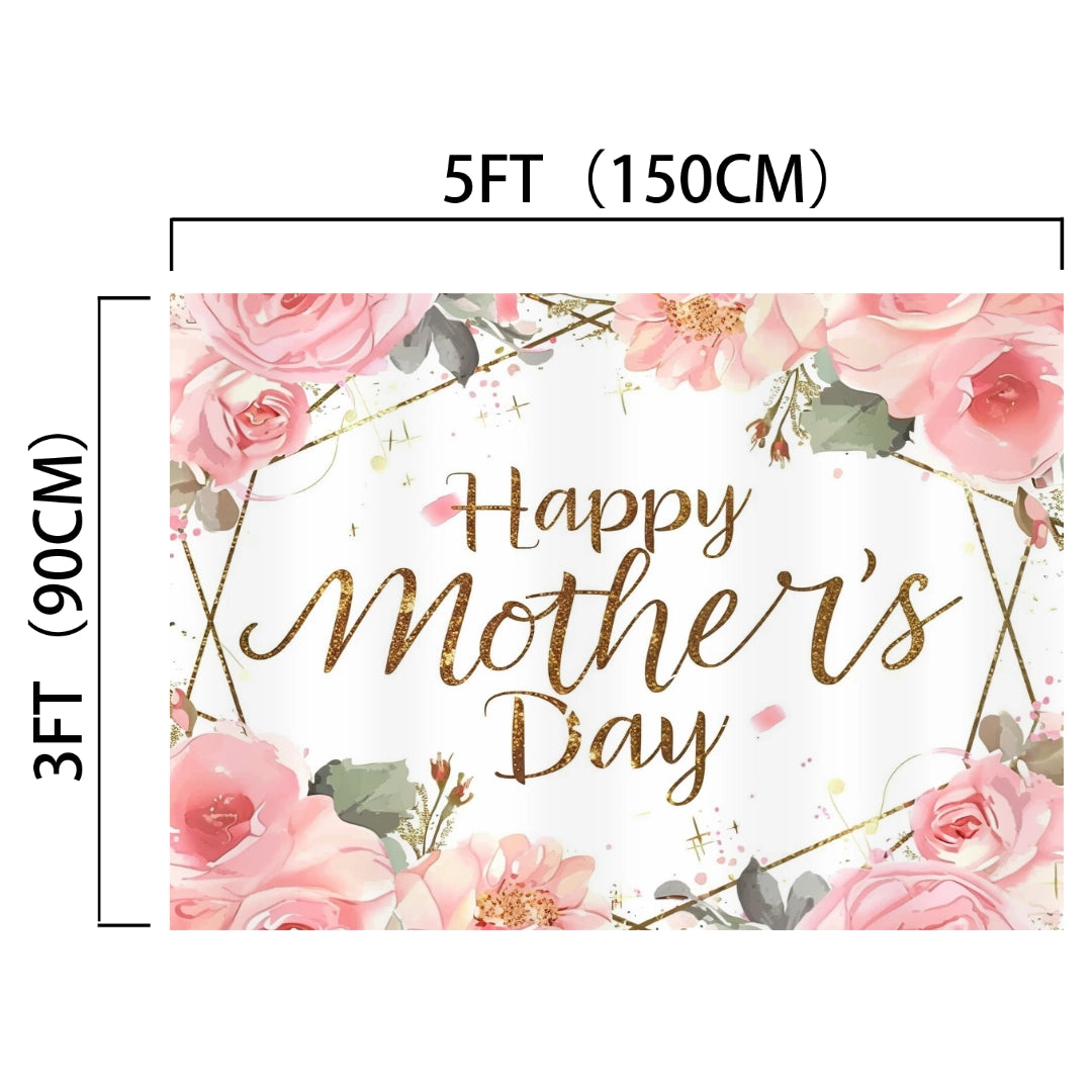 A stunning Mother's Day backdrop, the Floral Gold Dots Happy Mother's Day Backdrop-ideasbackdrop by ideasbackdrop, measuring 5 feet by 3 feet, with "Happy Mother's Day" in gold letters surrounded by pink flowers and green leaves on a white background. Perfect for photo ops, it features HD vivid colors to make your celebrations truly memorable.
