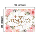 A banner with the dimensions 6 feet by 5 feet (180 cm by 150 cm) displaying the text "Happy Mother's Day" in a decorative gold font, surrounded by pink roses and floral designs—perfect for Mother’s Day backdrop photo ops. Crafted with HD vivid colors for stunning photographs. Introducing the Floral Gold Dots Happy Mother's Day Backdrop-ideasbackdrop by ideasbackdrop.