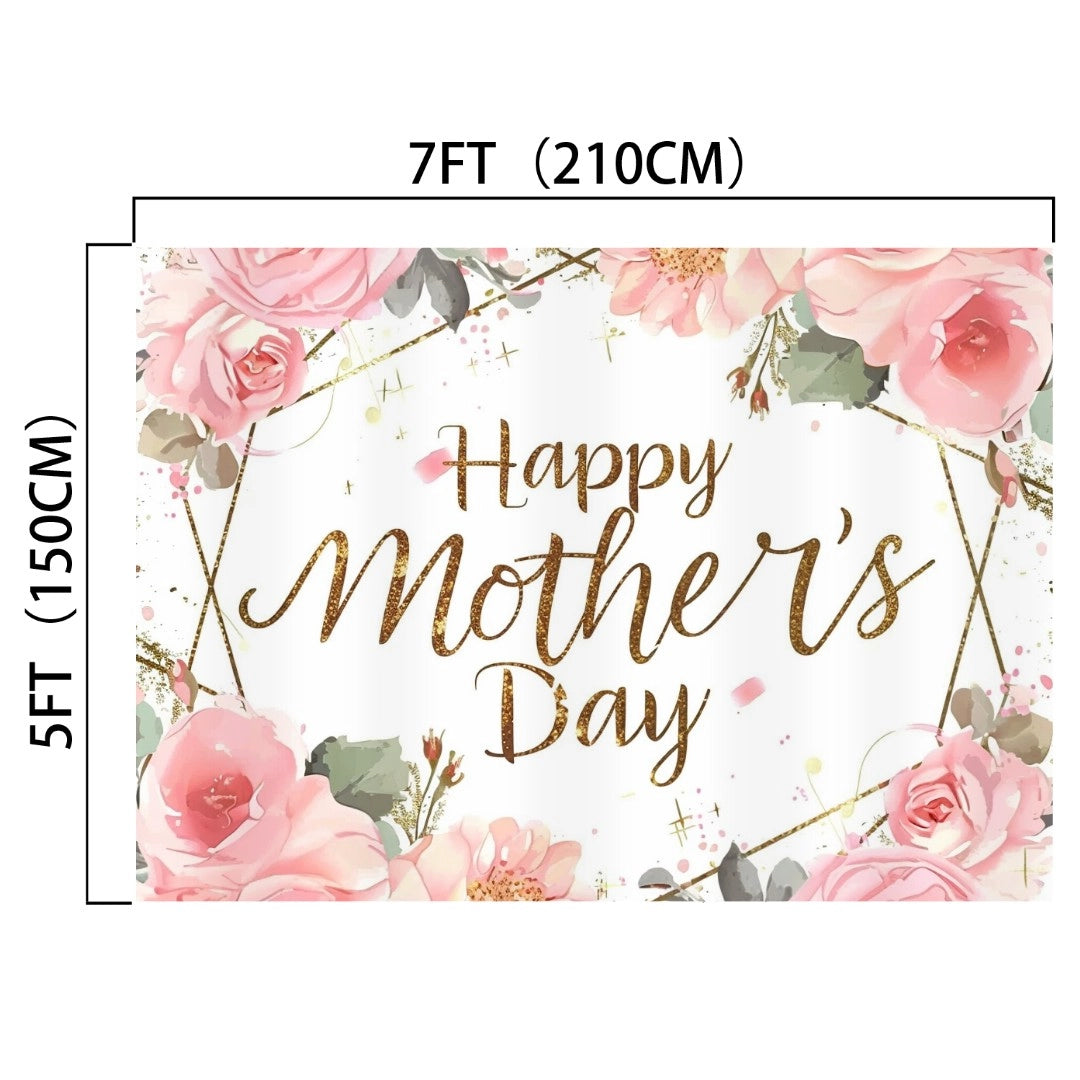A decorative Mother's Day banner featuring pink roses and green leaves with the text "Happy Mother's Day" in gold lettering. The ideasbackdrop Floral Gold Dots Happy Mother's Day Backdrop-ideasbackdrop measures 7 feet by 5 feet (210 cm by 150 cm), making it an ideal Mother's Day backdrop for photo ops with its HD vivid colors.

