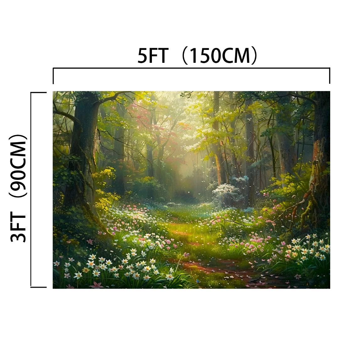 A lush forest backdrop with sunbeams filtering through the trees, illuminating a path surrounded by flowers. Dimensions are 5 feet (150 cm) wide and 3 feet (90 cm) tall. This is the "Floral Photography Background Forest Backdrop-ideasbackdrop" from ideasbackdrop.