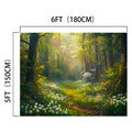 A 6ft (180cm) by 5ft (150cm) Floral Photography Background Forest Backdrop-ideasbackdrop depicting a serene environment with sunlight filtering through the trees and a field of white flowers, perfect for nature photography, from ideasbackdrop.