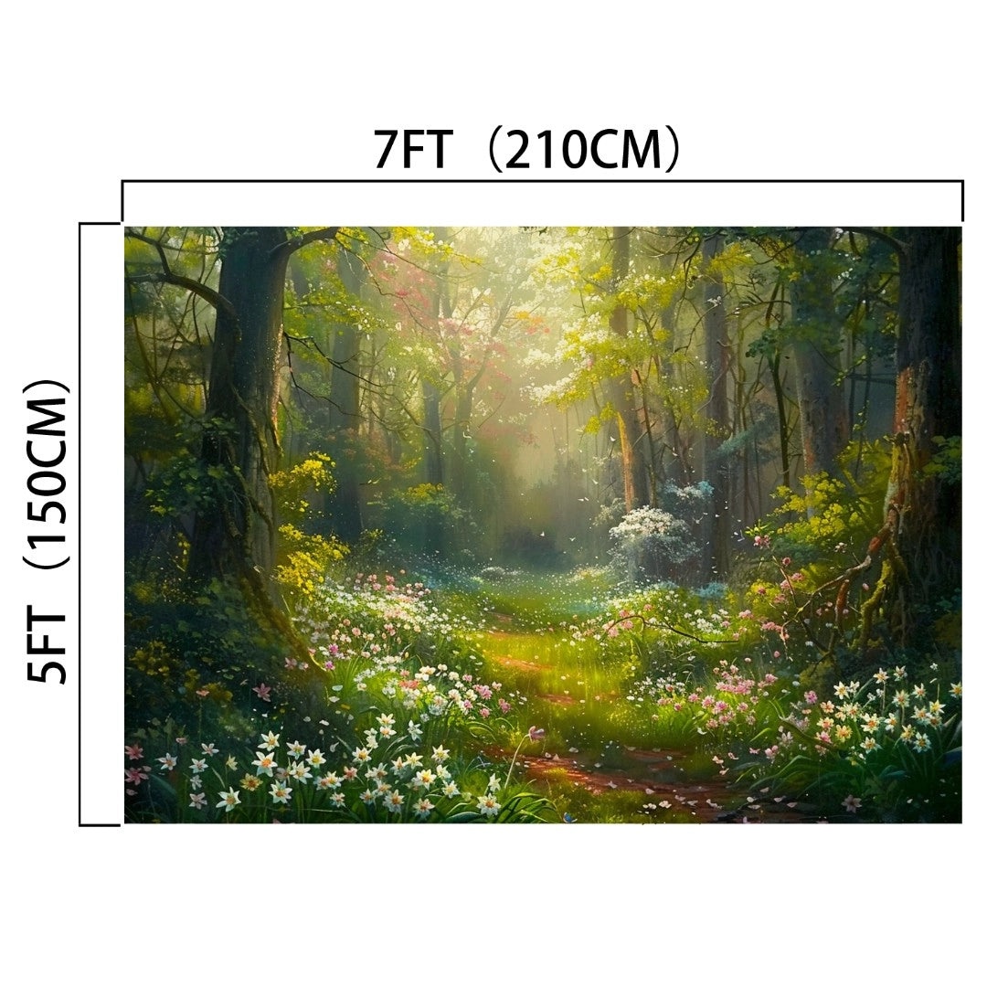 A 7ft by 5ft Floral Photography Background Forest Backdrop-ideasbackdrop from ideasbackdrop depicts a sunlit forest scene with dense trees, blooming flowers, and a path running through the middle, capturing the essence of serene environments found in nature photography.