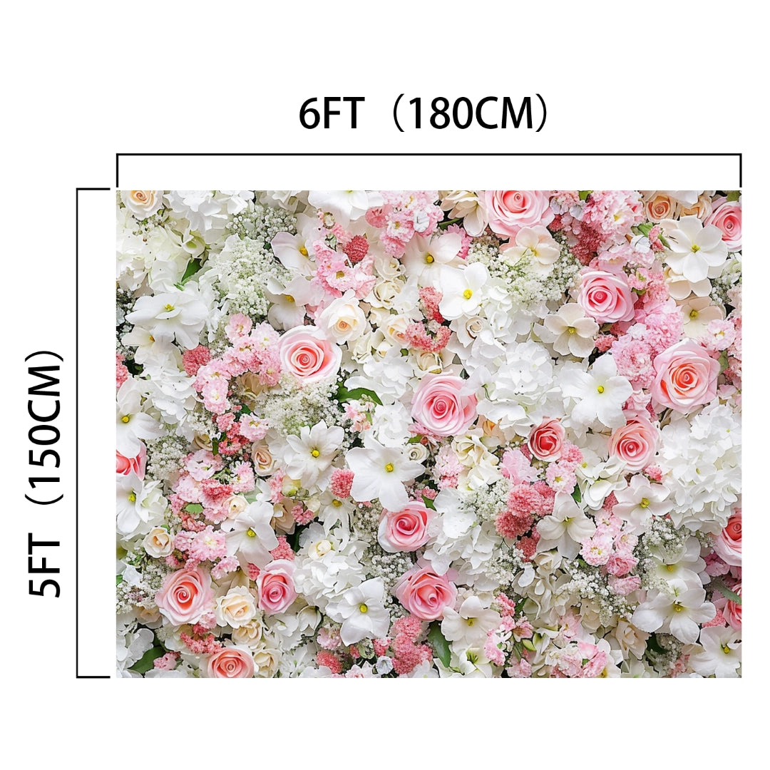 A 6ft by 5ft HD Pink White Rose Wall Flower Backdrop for Party -ideasbackdrop featuring a dense arrangement of life-like white, pink, and blush flowers including roses and hydrangeas. Perfect for weddings, with dimensions noted on the image in feet and centimeters by ideasbackdrop.