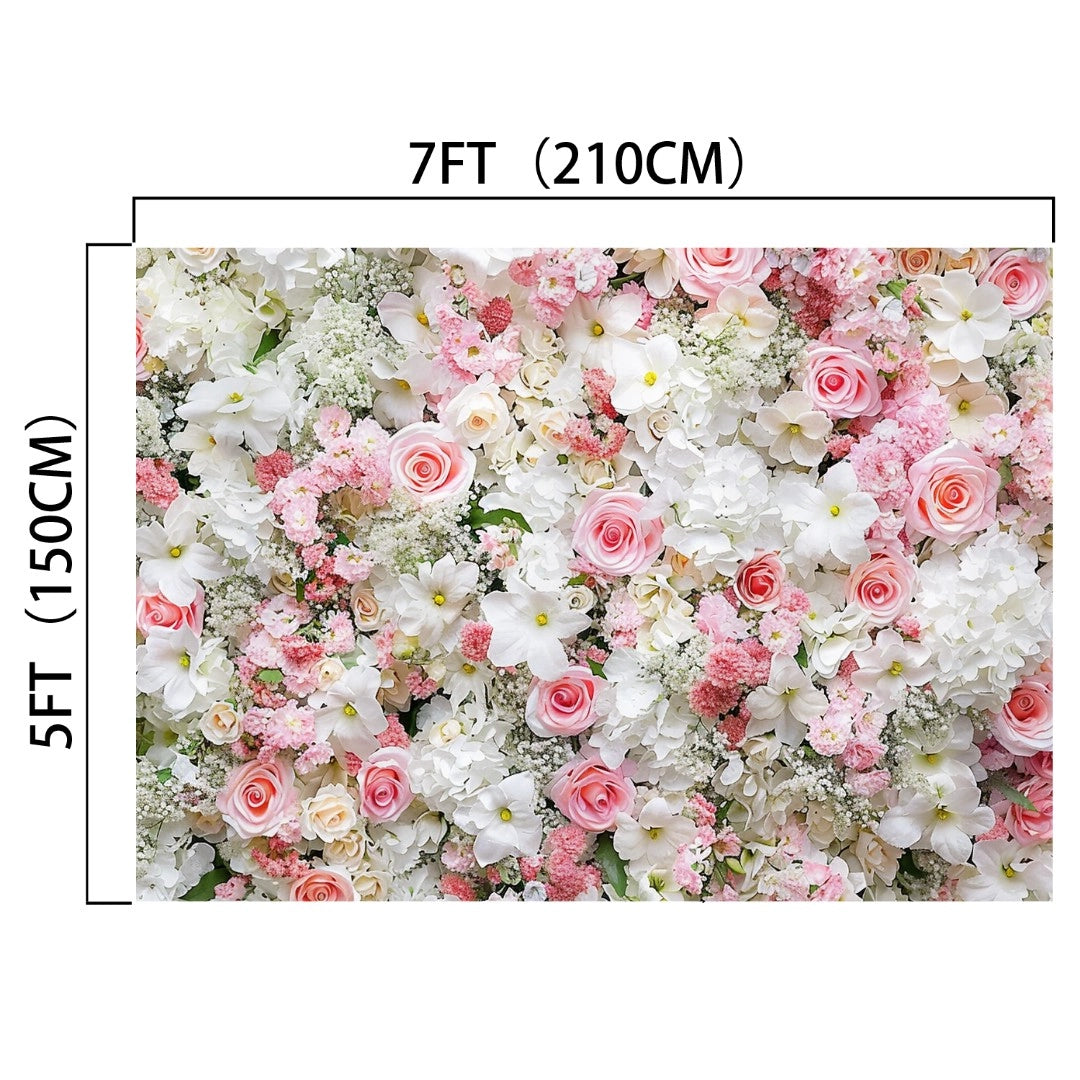 A stunning Pink White Rose Wall Flower Backdrop for Party -ideasbackdrop measuring 7 feet by 5 feet, featuring a dense arrangement of life-like white and pink flowers, perfect for weddings.