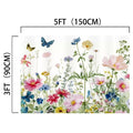 A Floral Plants Background Party Photo Props - ideasbackdrop featuring various flowers and butterflies, perfect for professional photo shoots or weddings, with dimensions labeled as 5 feet (150 cm) by 3 feet (90 cm) by ideasbackdrop.