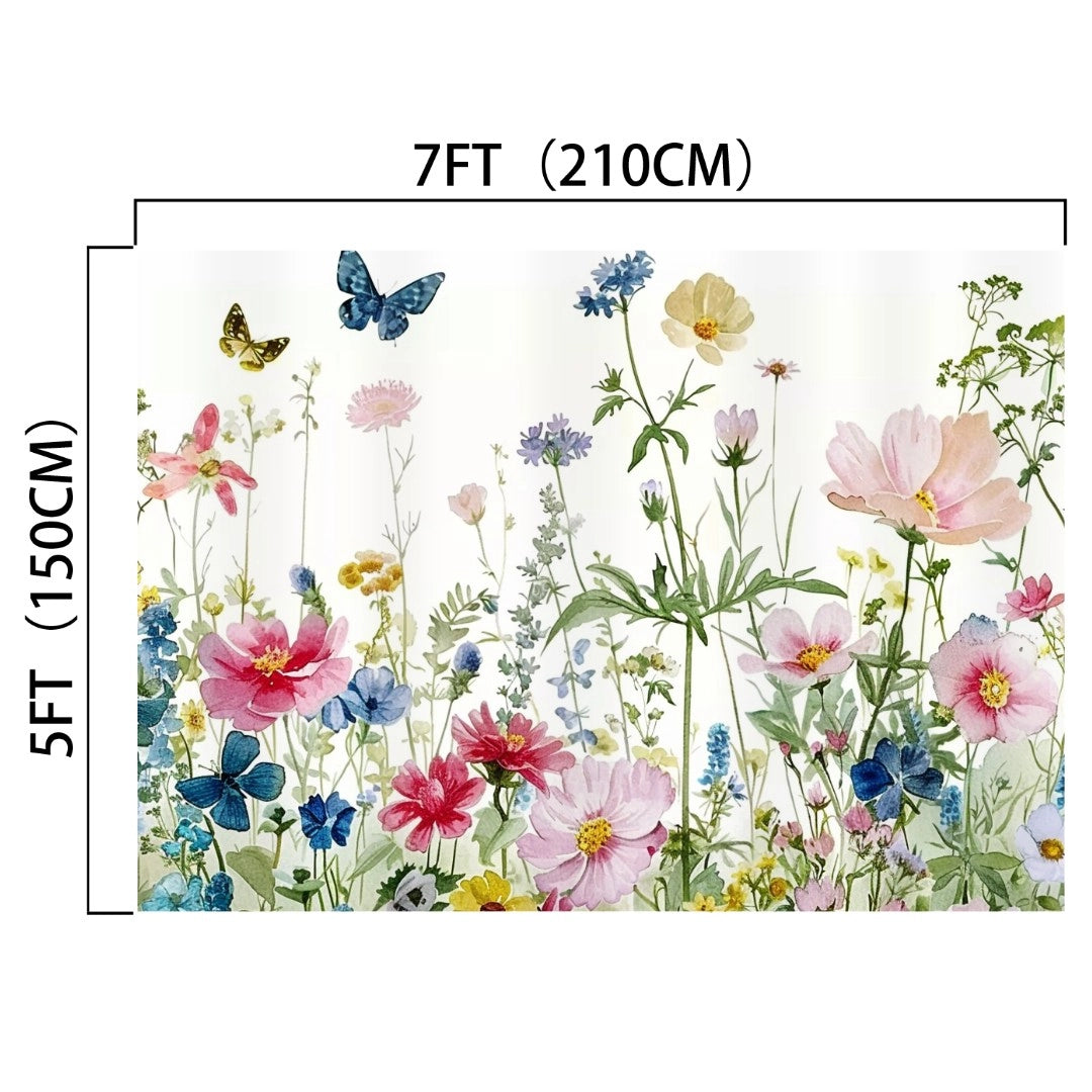 This Floral Plants Background Party Photo Props -ideasbackdrop features a mural depicting various colorful flowers, butterflies, and plants. Perfect for weddings or professional photo shoots, it measures 7 feet (210 cm) wide and 5 feet (150 cm) tall.