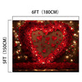High-Definition backdrop featuring a heart shape made of red roses, surrounded by red flower petals and hearts, with string lights accentuating the design. This Floral Wall Valentine's Day Flower Background radiates natural elegance. Measurements are indicated: 6ft (180cm) wide and 5ft (150cm) tall. Product name: Floral Wall Valentine's Day Flower Background -ideasbackdrop by brand ideasbackdrop.