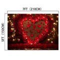 A 7x5 feet, high-definition floral backdrop featuring a large heart made of red roses, adorned with smaller hearts and string lights, exuding natural elegance, called the "Floral Wall Valentine's Day Flower Background -ideasbackdrop" by ideasbackdrop.