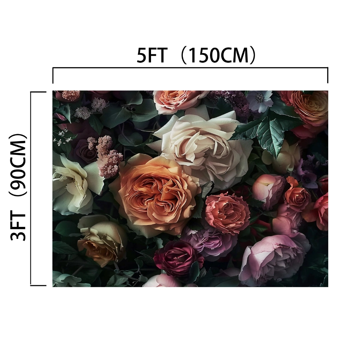 A Floral Wallpaper Photo Props Background -ideasbackdrop measuring 5 feet (150 cm) wide and 3 feet (90 cm) tall, featuring various colorful roses and other flowers. Perfect for weddings, it showcases botanical elegance with an HD Vivid Floral Backdrop that adds a touch of enchantment to any special occasion.