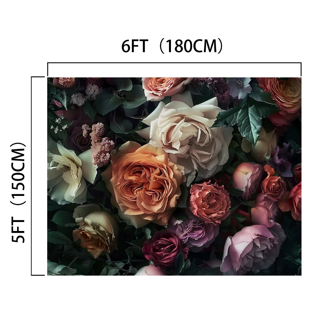 A close-up image of a variety of roses in different colors within dimensions of 6 feet (180 cm) wide and 5 feet (150 cm) tall, exuding botanical elegance. This Floral Wallpaper Photo Props Background by ideasbackdrop is perfect for weddings or any celebratory occasion.