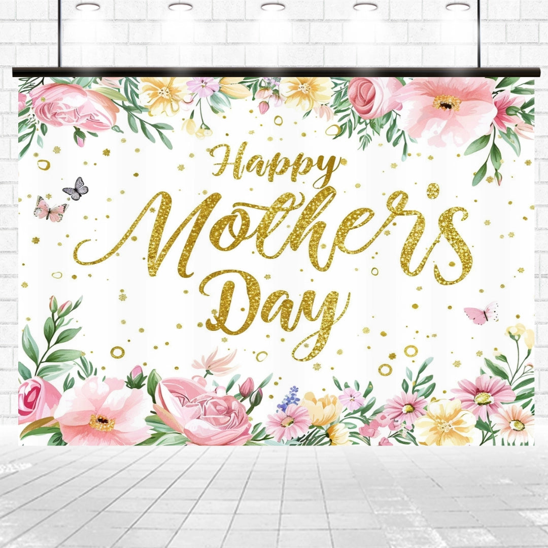 A floral backdrop with the text "Happy Mother's Day" in gold glittery letters, surrounded by colorful flowers and butterflies. The Flower Photography Happy Mother’s Day Backdrop-ideasbackdrop by ideasbackdrop creates the perfect photos for celebrating your special day.