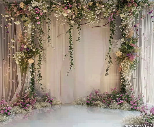 A floral wedding arch exuding elegance, adorned with pink, white, and purple flowers and trailing greenery, stands against a **Flowers Curtain Marriage Floral Backdrop - ideasbackdrop** perfect for professional photo shoots.