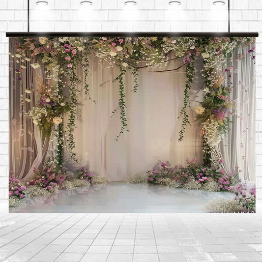 An elegant Flowers Curtain Marriage Floral Backdrop -ideasbackdrop with draped curtains, hanging greenery, and various flowers arranged at the base, set against a white brick wall under soft lighting, perfect for professional photo shoots by ideasbackdrop.