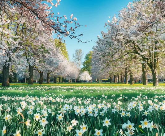 A field of white daffodils in the foreground with rows of blossoming cherry trees under a clear blue sky creates a vivid floral backdrop perfect for event décor. The scene captures HD quality in every detail with the Full Bloom Cherry Trees Grass Flower Backdrop-ideasbackdrop by ideasbackdrop.
