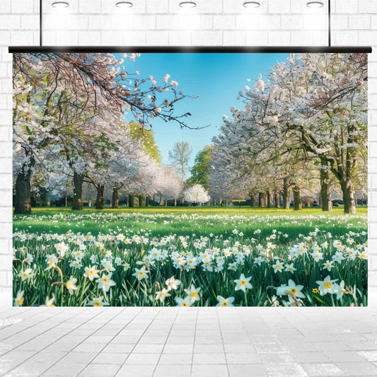 A scenic view of a park with blooming cherry blossom trees and a field of white daffodils under a clear blue sky, captured through an outdoor frame structure, creates a vivid floral backdrop. The high-quality photograph beautifully encapsulates nature's charm in HD with the Full Bloom Cherry Trees Grass Flower Backdrop-ideasbackdrop by ideasbackdrop.