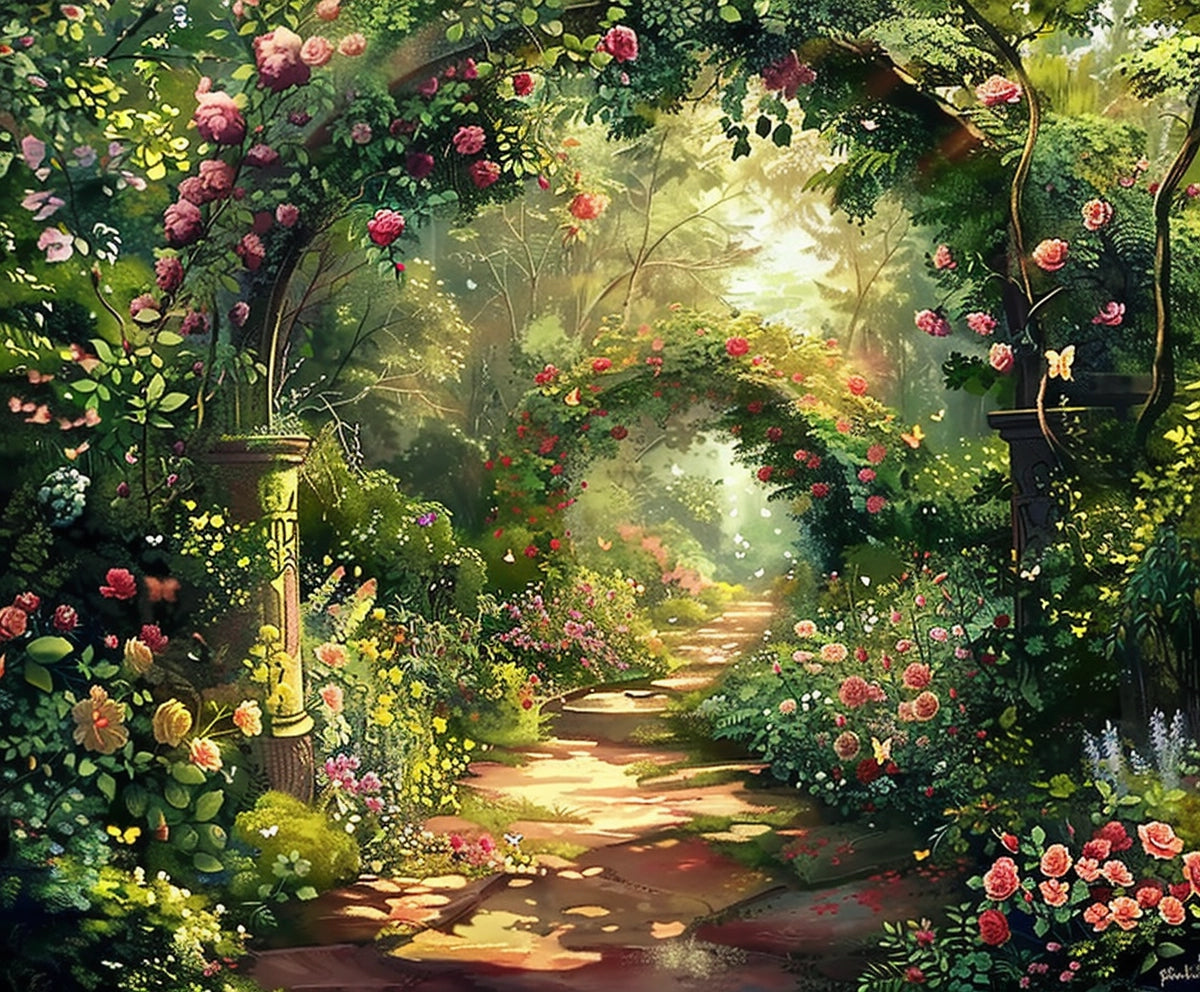 A sunlit garden path is lined with blooming flowers and lush greenery, leading through decorative arches covered in roses, creating a serene, picturesque scene that serves as the Garden Floral Hallways Photography Backdrop -ideasbackdrop by ideasbackdrop.