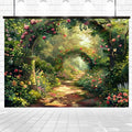 A painted garden scene featuring an arched walkway with blooming roses and lush green foliage, illuminated by soft sunlight filtering through the trees. Perfect for photo shoots or weddings, the Garden Floral Hallways Photography Backdrop -ideasbackdrop enhances the vibrant flowers surrounding the path.
