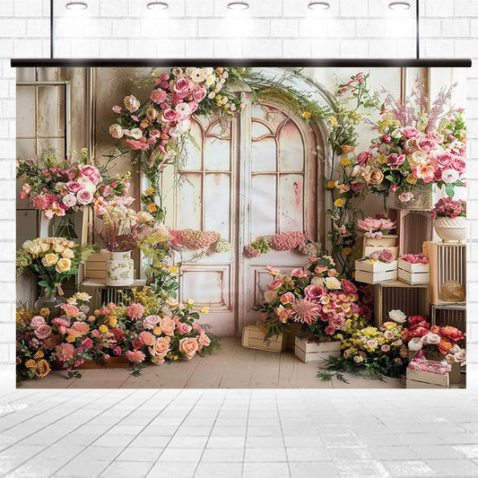 A vivid floral backdrop featuring a Garden Valentine Wedding Flowers Backdrop-ideasbackdrop by ideasbackdrop and a door creates the perfect event setting.