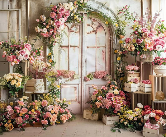 A door adorned with flowers and stylish boxes creates an enchanting floral backdrop, perfect as a Garden Valentine Wedding Flowers Backdrop-ideasbackdrop for any event decoration by ideasbackdrop.