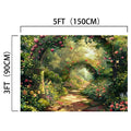 A lush garden pathway with two arched trellises covered in pink flowers creates a stunning floral backdrop. This Garden Floral Hallways Photography Backdrop - ideasbackdrop by ideasbackdrop measures 5 feet (150 cm) in width and 3 feet (90 cm) in height, perfect for event decoration.