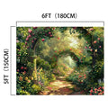A colorful garden path with abundant flowers and a stunning floral arch, perfect as the Garden Floral Hallways Photography Backdrop by ideasbackdrop, measures 6FT (180CM) wide by 5FT (150CM) tall.