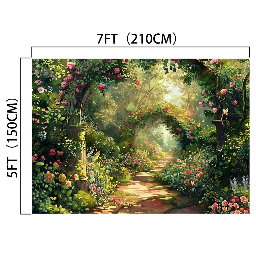 A lush garden scene with a path lined by flowering plants and an archway covered in climbing roses, perfect as the Garden Floral Hallways Photography Backdrop -ideasbackdrop for event decoration. Dimension labels show the image is 7 feet (210 cm) wide and 5 feet (150 cm) tall.